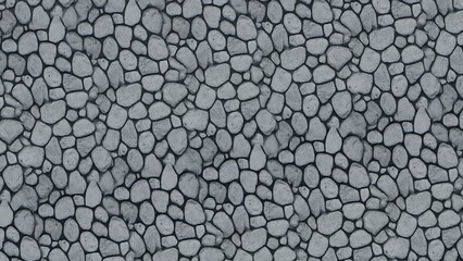 Detailed seamless natural stone texture composed of irregular light grey pebbles, tightly arranged with dark grout, perfect for rustic architectural backdrops