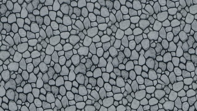 Detailed seamless natural stone texture composed of irregular light grey pebbles, tightly arranged with dark grout, perfect for rustic architectural backdrops