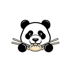 A cute panda head illustration holding chopsticks and a dumpling in its mouth.