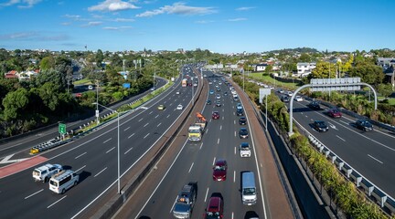 Traffic flows on a multi-lane highway in Morningside, Auckland, New Zealand, on a sunny day. Cars...