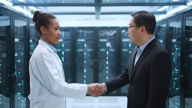 Tech worker and client shake hands in server room.