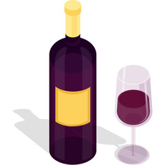 Isometric illustration of a purple wine bottle with a yellow label and a glass filled with red wine casting a shadow on a white background
