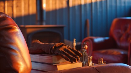 book,gloves,chess,still,life,objects,symbolic,timeless,used,gardening,reading,game,leisure,contemplation,antique,wood,paper,leather,plant,strategy
