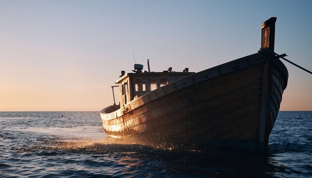 Wooden Boat Sailing on Open Water at Sunset with Calm Sea and Clear Sky