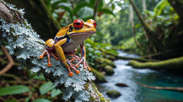 Vibrant Red-Eyed Tree Frog Perched on a Lichen-Covered Branch Overlooking a Serene Jungle Stream