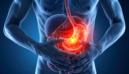 Stomach Pain Illustration - Human Anatomy with Glowing Stomach.