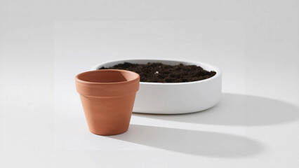 Terracotta Pot and Soil Tray with Shadows on White Surface, Minimalist Composition