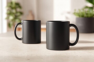 Two black mugs on kitchen counter