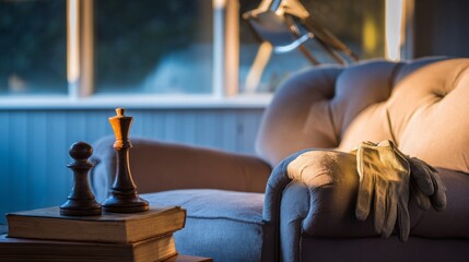Obraz premium A symbolic still life of timeless objects: a well-used book, gardening gloves, and a chess piece in warm golden light. 