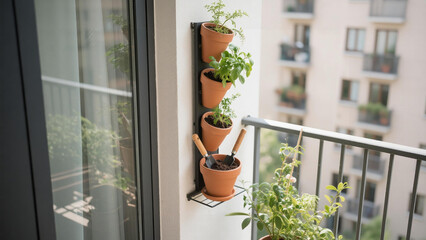 Vertical Herb Garden on Balcony with Terracotta Pots and Tools