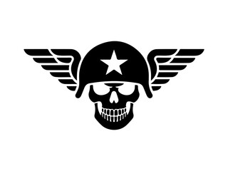 Silhouette of a winged military skull wearing helmet with star icon vector illustration for army air force and veteran design.