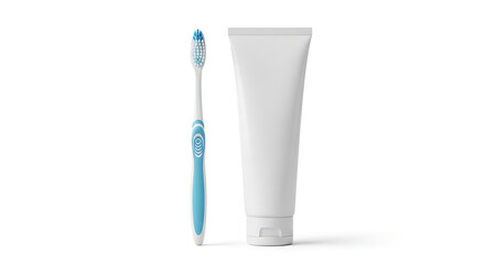 Isolated toothbrush with blue handle and tube of white toothpaste on a clean white background