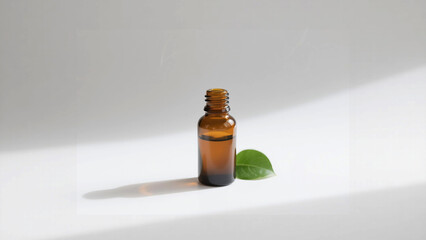 Amber Bottle with Leaf and Shadow on White Surface, Minimalist Composition