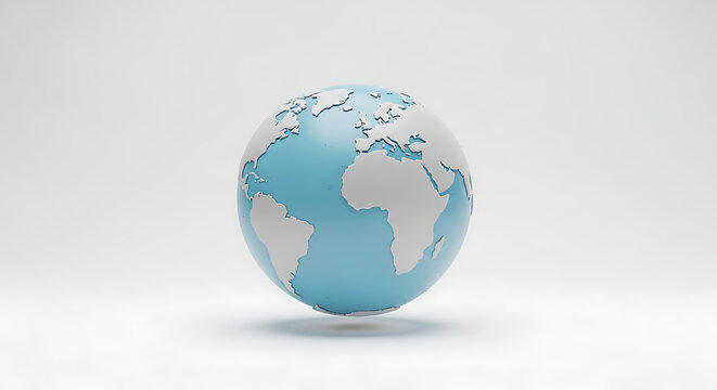 A stylized globe with blue oceans and white continents on a white background in a studio shot