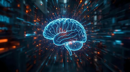 Artificial Intelligence Concept: Glowing Holographic Brain with Neural Data Flow
