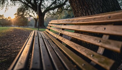 Wooden Park Bench Under Large Tree During Sunset in Natural Outdoor Setting