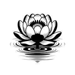Silhouette of a lotus water lily flower line art on rippled water surface vector illustration.
