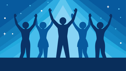 Silhouettes of people with raised hands up