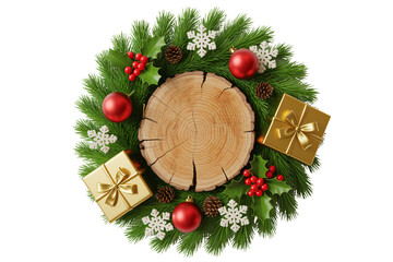 Festive Christmas wreath with red ornaments, gold gifts, and wooden centerpiece, perfect for holiday greetings and seasonal designs