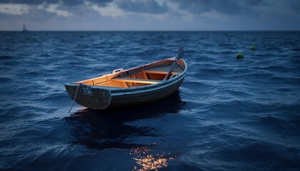 Small Rowboat Floating on Calm Blue Ocean Under Cloudy Sky