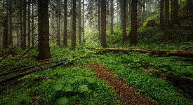 Sunlit forest path surrounded by lush green moss and tall pine trees with fallen logs and dappled light filtering through the canopy.