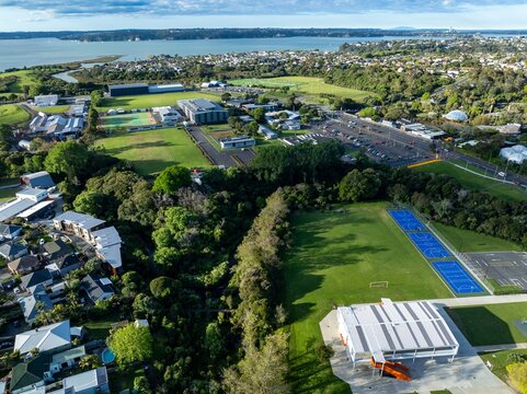 Aerial view of Western Springs school campus in Auckland, New Zealand. The photo shows the school buildings, sports fields, parking lot, and surrounding residential area. 
