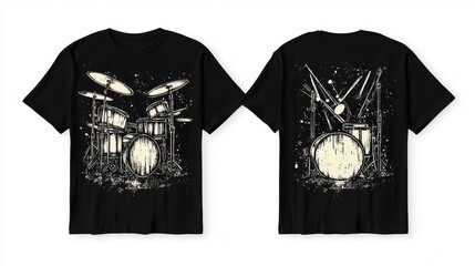 a drummer-themed t-shirt with drumsticks and a drum kit on the front and a rhythmic drumbeat on the back, on a white background