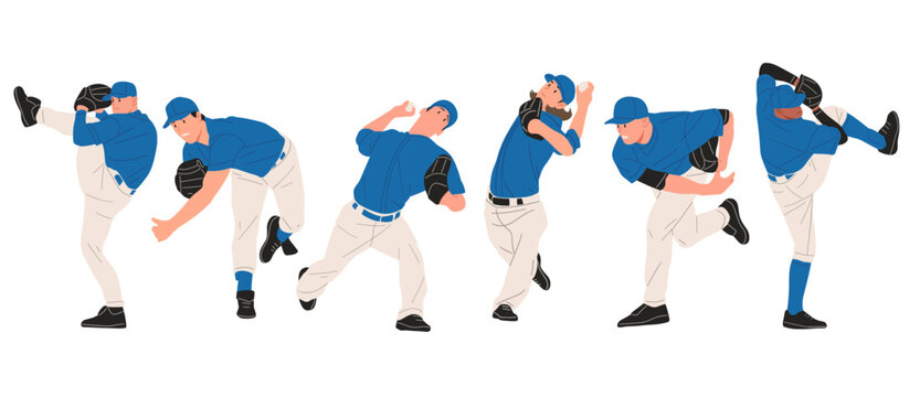 Set of baseball pitchers in blue uniforms throwing ball in different pitching poses, professional athletes in action, flat vector illustration on white background