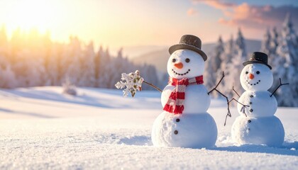 Obraz premium Winter Wonderland's Embrace: Two charming snowmen stand sentinel in a serene snow-covered landscape, the warm glow of the sun casting a magical spell. Capturing the spirit of winter's whimsical charm.