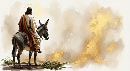 Jesus Triumphal Entry on Donkey Palm Sunday Biblical Art Christian Faith Illustration Hope