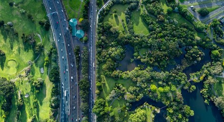 Naklejka premium Aerial view of Western Springs Park, New Zealand, showcasing the juxtaposition of urban infrastructure and natural beauty. A busy highway runs alongside lush parkland.