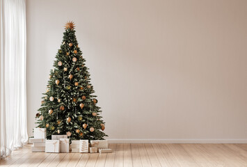 Christmas tree in Scandinavian interior. Blank wall background. 3d render