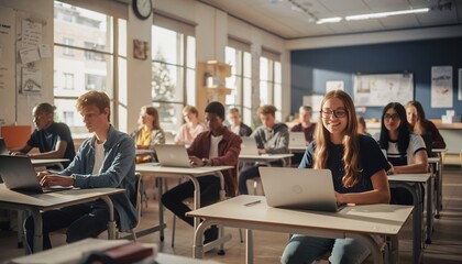 Young Students Using Laptops in Bright Modern Classroom During Daylight