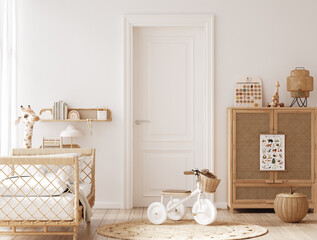 Beautiful nursery with natural wooden furniture, Sandi-Boho children room interior, 3d render
