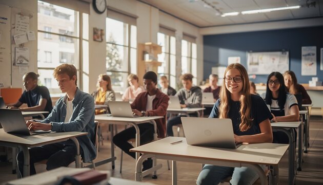Young Students Using Laptops in Bright Modern Classroom During Daylight