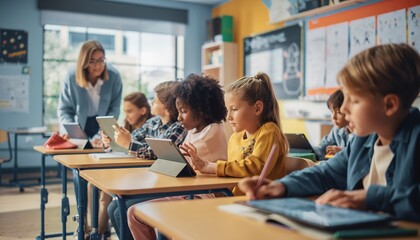 Young Diverse Students Using Tablets in Modern Classroom with Teacher Presenting
