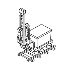 Isometric view of a railway cart with drilling equipment for mining.