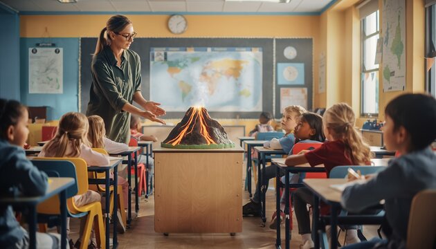 Young Female Teacher Demonstrating Volcano Model to Classroom of Diverse Children in School