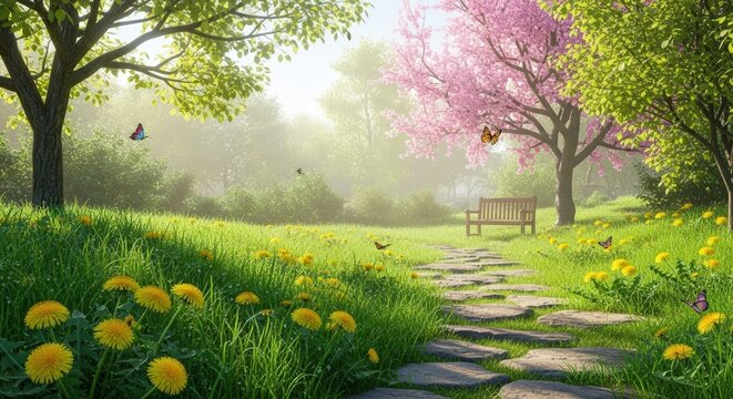 Fototapeta Sunlit Spring Garden Path Lined With Yellow Dandelions and Blooming Pink Cherry Blossom Trees