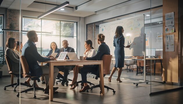 Business Meeting with Diverse Professionals in Modern Conference Room - Powered by Adobe
