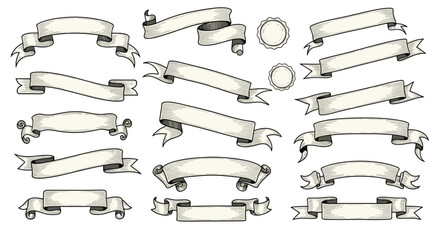 A comprehensive set of vintage-style blank banners, ribbons, and labels in various shapes, perfect for classic design elements and graphic assets.