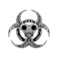 Silhouette of a tribal biohazard gas mask tattoo with danger warning icon.