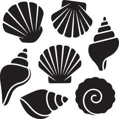 Collection of black silhouette seashells on a white background