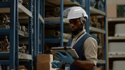 An industrial worker meticulously reviews a tablet while inspecting items stored on shelves in a warehouse setting. The worker is wearing protective gear Stock Video - Powered by Adobe