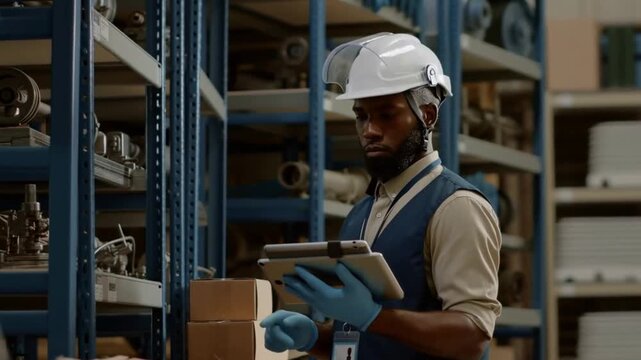 An industrial worker meticulously reviews a tablet while inspecting items stored on shelves in a warehouse setting. The worker is wearing protective gear Stock Video - Powered by Adobe