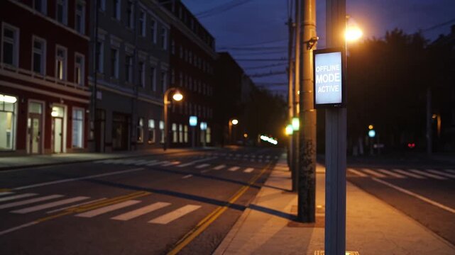 Street at night showing traffic signals and an offline mode sign with quiet surroundings