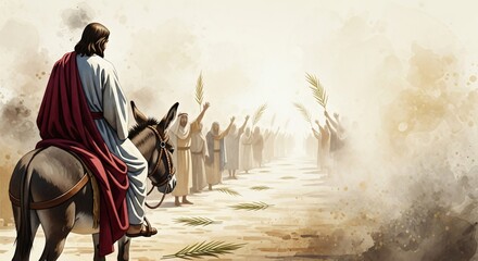 Jesus Triumphal Entry into Jerusalem Biblical Scene Palm Sunday Christian Art Illustration Faith Hope Love