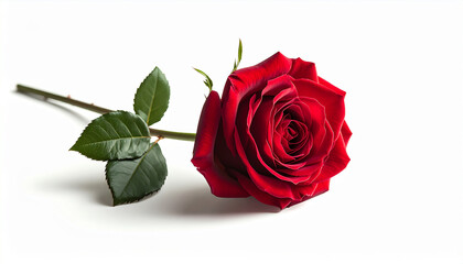 Fototapeta premium A close-up shot of a vibrant red rose with green leaves and stem, isolated on a white background.