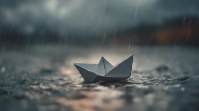 A lone origami boat rests on rain-soaked cobblestones, blurred distance, moody drizzle, gentle rain!