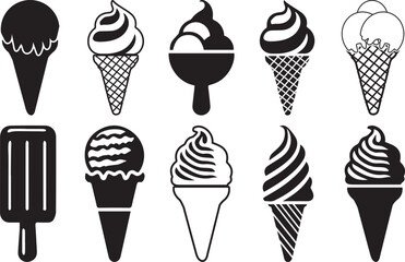 Ice Cream Cone Silhouette Vector Collection. Dessert Vector Illustration.